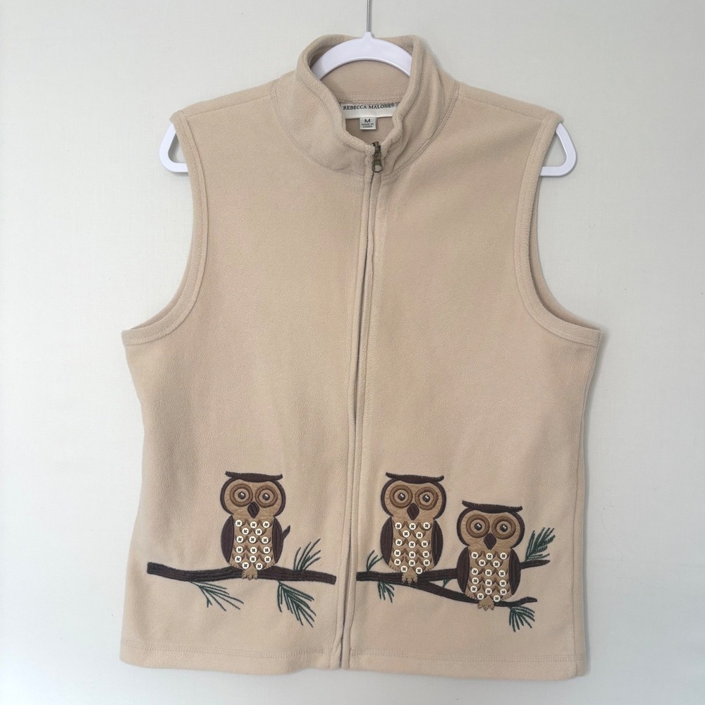 Vtg Rebecca Malone Owl Fleece Vest M Beige Grandmacore Goblincore Cute Forest